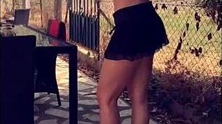 Dirty milf flashes nude outdoors in public with quickie sex snaps and rough action.