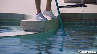 Busty blonde MILF Laura Bentley intensely craves pool boy's thick cock by the water