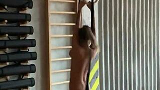 Sporty Monika Fox performs naked gymnastics in backstage scenes.