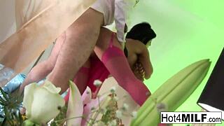 Busty Brunette Seduces Him In Pink Lingerie And Stockings!