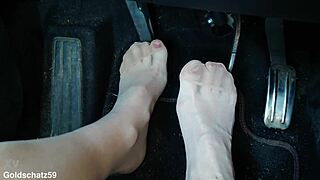 German Mature Woman Pumps Toes Close Up in Car with Pantyhose