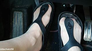 German Mature Woman Pumps Toes Close Up in Car with Pantyhose