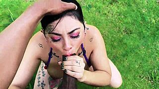 Horny milf Enm Diamond gives deepthroat blowjob outdoors then rides big black cock