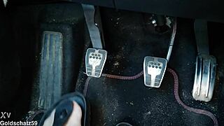 German Mature Woman Pumps Toes Close Up in Car with Pantyhose