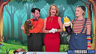 Blonde milf and teen get free used in wild threesome on sesame street movie set