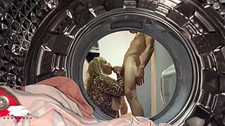 chubby blonde enjoys sex with young guy in laundry room