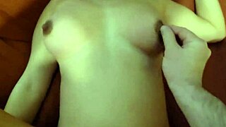 stepmother puts lotion on pregnant belly to seduce stepson into doggystyle creampie! natural tits bounce during blowjob in costume.