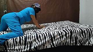 Sexy madrastra vents hot vagina scent in bed waiting for nurse work shift in homemade sex tape.