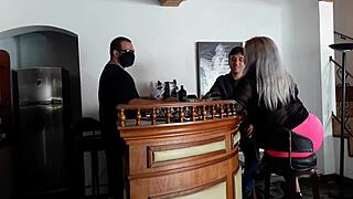 Married blonde slut takes blowjob and cum in mouth at public bar