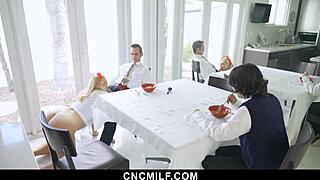 Thick bbw stepmom bends over for petite stepson doggystyle fuck and blowjob in threesome