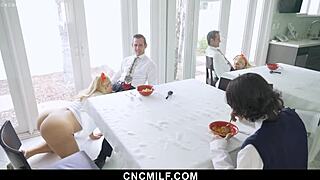 Thick bbw stepmom bends over for petite stepson doggystyle fuck and blowjob in threesome