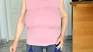 Why do giant mature boobs swing without bra to music in hot striptease?