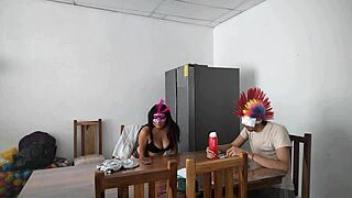 Intriguing a housemaid touches her body very sensually and flirts with a dildo while feeding a blind man