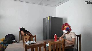 Intriguing a housemaid touches her body very sensually and flirts with a dildo while feeding a blind man