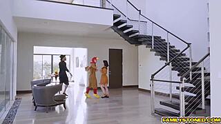 cock sucking girls drop on knees to lick and suck big cock in group hardcore pounding. they ride cowgirl and doggystyle with rough spreading.