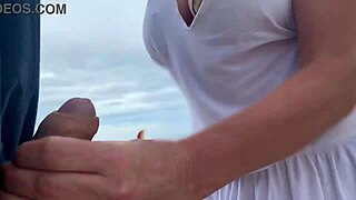 busty stranger milf gives handjob and makes me cum publicly in front of everyone with her big tits