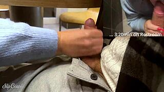 wanna watch this cute bbw babe deepthroat my big cock in a public toilet after her sloppy handjob under the restaurant table?