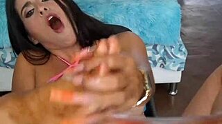 Busty big-assed stepmom with huge tits and nipples fulfills footjob fetish by squirting and masturbating in homemade style.