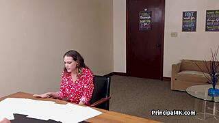 Big tit cougar rides head teacher while calling home on hidden cam in office