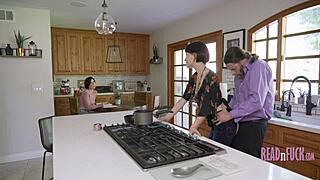 Woman cooks while getting dick girl studies while sucking dick