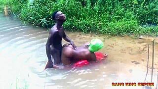 Asian milf rides big black cock outdoors in cowgirl then takes doggystyle creampie cumshot.