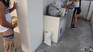 suggestive creampie in her dirty mouth and creamy pussy after blackmailing big ass aunt on balcony for anal help with my handjob