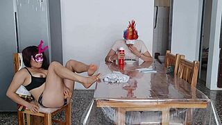 oh wow a maid is diving into this wild fetish right in front of the guy caring for her at home with those charming natural tits