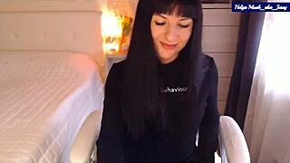 Brunette milf helga muah teases perky small tits in red lingerie strip