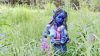Monika Fox as avatar uses big dildo for anal and pussy fucking with squirting and prolapse in outdoor forest cosplay.