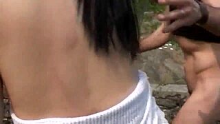 Italian milf craves cock for outdoor sex in public garden. Brunette masturbates with natural tits exposed.