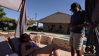 Muscular milf gets oiled pool massage turning into deep creampie fuck with big black cock