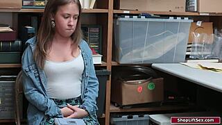 Brunette girl gets fucked hard for shoplifting with clothes ripped. Monster cock dominates shaved pussy in reality scene.