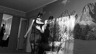 Milf in dress and stockings masturbates with dildo showing big ass and tits in homemade black and white fetish