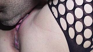 Lick Shaved Pussy Passionately Until Explosive Orgasm In Fishnets
