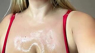 Elastic saggy tits milf rubs gel for big cock insertion with huge oval hard nipples falling out