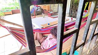 Flow Gets Caught Masturbating On Patio Hammock, Leading To Interracial Pussy Licking And Wet Sex