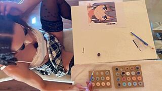 Hot Brunette Curly Hair Tight Pussy Petite Milf Flashes Naked Ass And Plays With Big Cock In Jeans Shorts