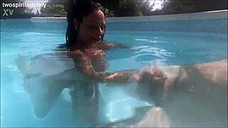 holiday threesome in the pool with big tits blonde and brunette milfs fingering wet pussies uh i mean licking
