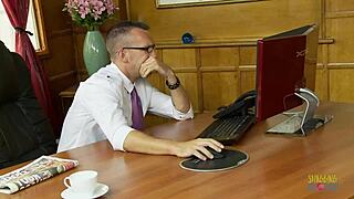 writer summons busty blonde milf in stockings for blowjob and cowgirl ride