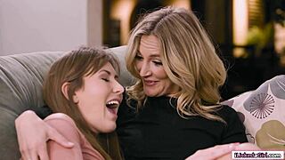 Teen babe licks ass of her blonde British stepmom in rimjob session.