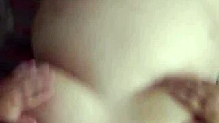 Chubby milf plays with big pussy in bathtub then sucks step son's cock deep. She rides him until cum covers her huge natural tits.