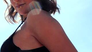 hey, you think this petite blonde teen model can handle hot outdoor striptease posing?