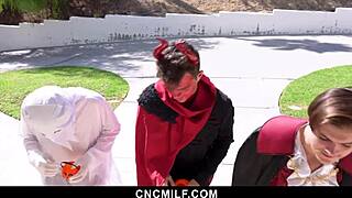 Will Spooky Guys in Costumes Freeuse the Milf Nextdoor in Wild 4some?