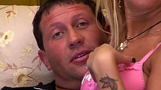 this italian couple at the porn casting hints at blonde milf with natural tits getting cum in mouth from big cock blowjob and doggystyle riding. wet pussy swallow and facial tease in heels and lingerie
