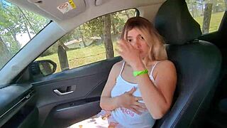 Curvy milf tempts new neighbor into public car sex with big tits and ass bouncing wildly