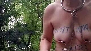 i feel so exposed as french milf slave chained in forest for public humiliation with belt and bondage