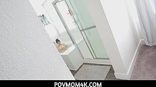 Horny stepmom gives pov blowjob and deepthroat in bedroom before handjob and pussy fucking with nude teen action