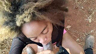 Brunette with hairy pussy sucked my big black cock until cum in mouth in forest outdoor scene