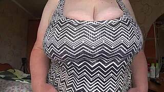big gorgeous tits of chubby bbw milf swing in close-up view during her solo session