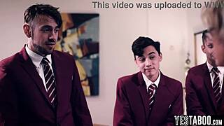 We're horny students gangbanging huge tits bbw mature teacher in classroom, they say with blonde blowjob and doggystyle action. Fat milf takes big cock pov in group hardcore.